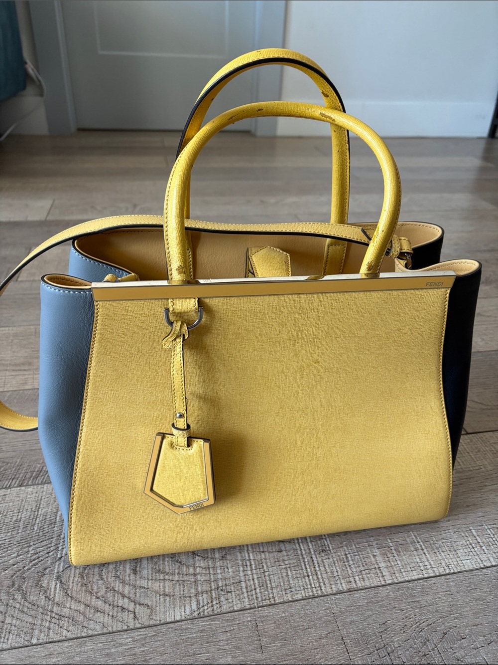 Fendi Yellow Leather Satchel with Gray Side Panels